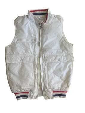 Vintage Repage White Nylon Puffer Gilet Vest with Tri-Color Ribbed Trim